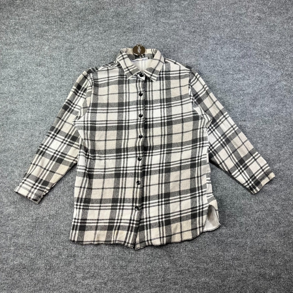 Directives Rib‎ Shirt Women's Black Ivory Plaid Long Sleeve Classic Button Top